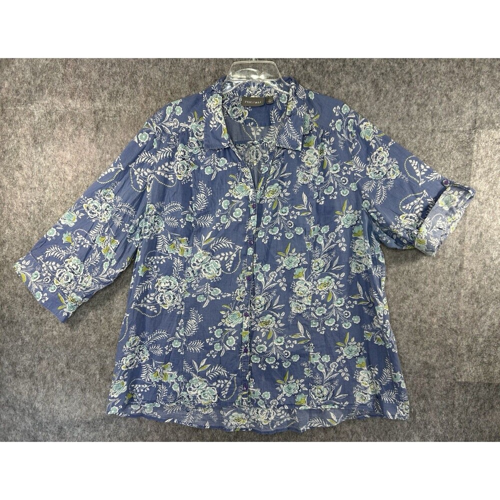 Roz & Ali Women's Floral Blue Top Button Shirt 3X High Low Hem Roll Tab Sleeve